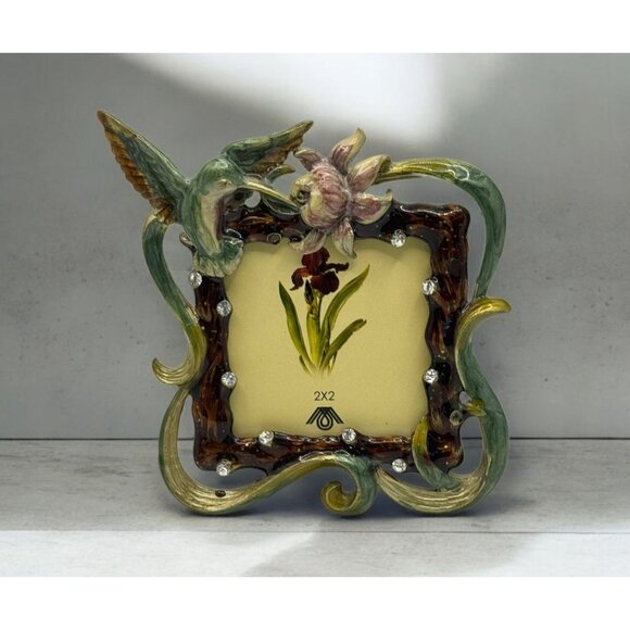 Set of 2 Vintage Style Ornate Enamel Hummingbird Flower Photo Frame 3.5x5 & 2x2 - Picture 2 of 12